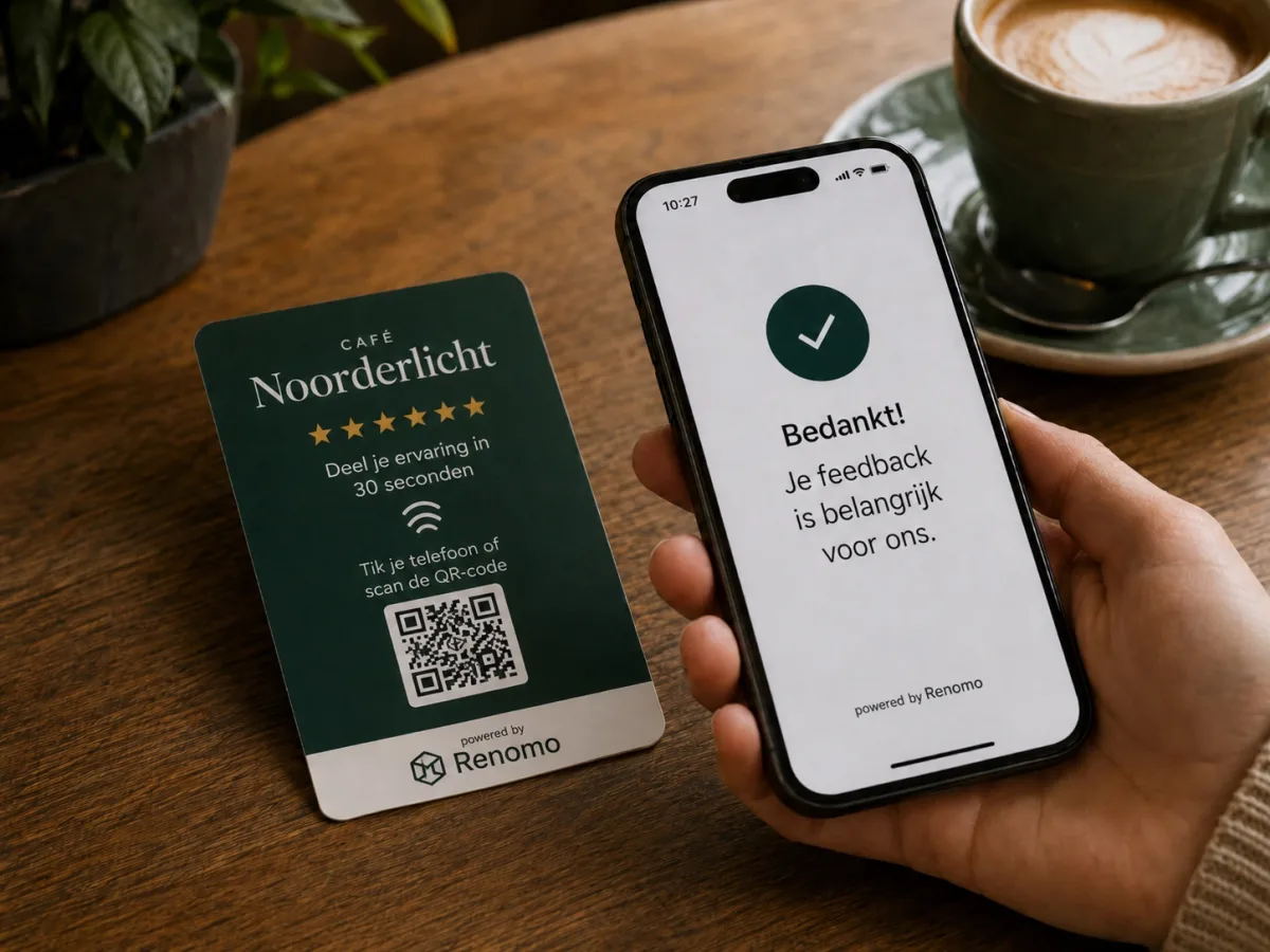 Renomo-reviewkaartje op de balie; een klant scant het met de telefoon