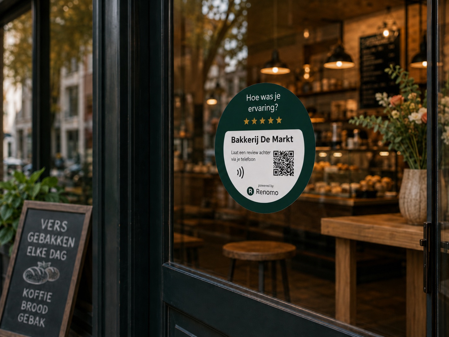 Renomo-raamsticker op de deur van een bakkerij